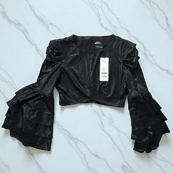RETROFETE Bateau Black Ruffle Sleeve Crop Blouse Size Medium - Picture 1 of 9